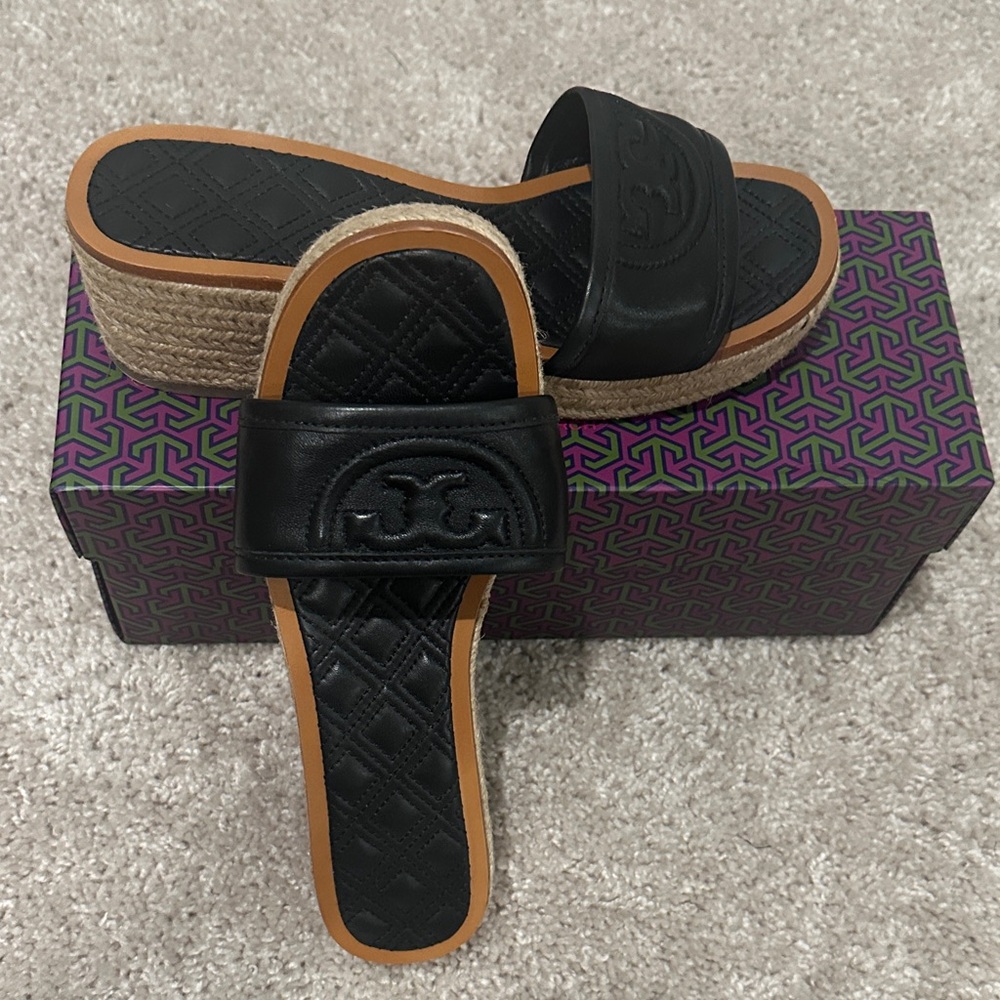 Tory Burch Black Leather Quilted Espadrille Slide Sandals